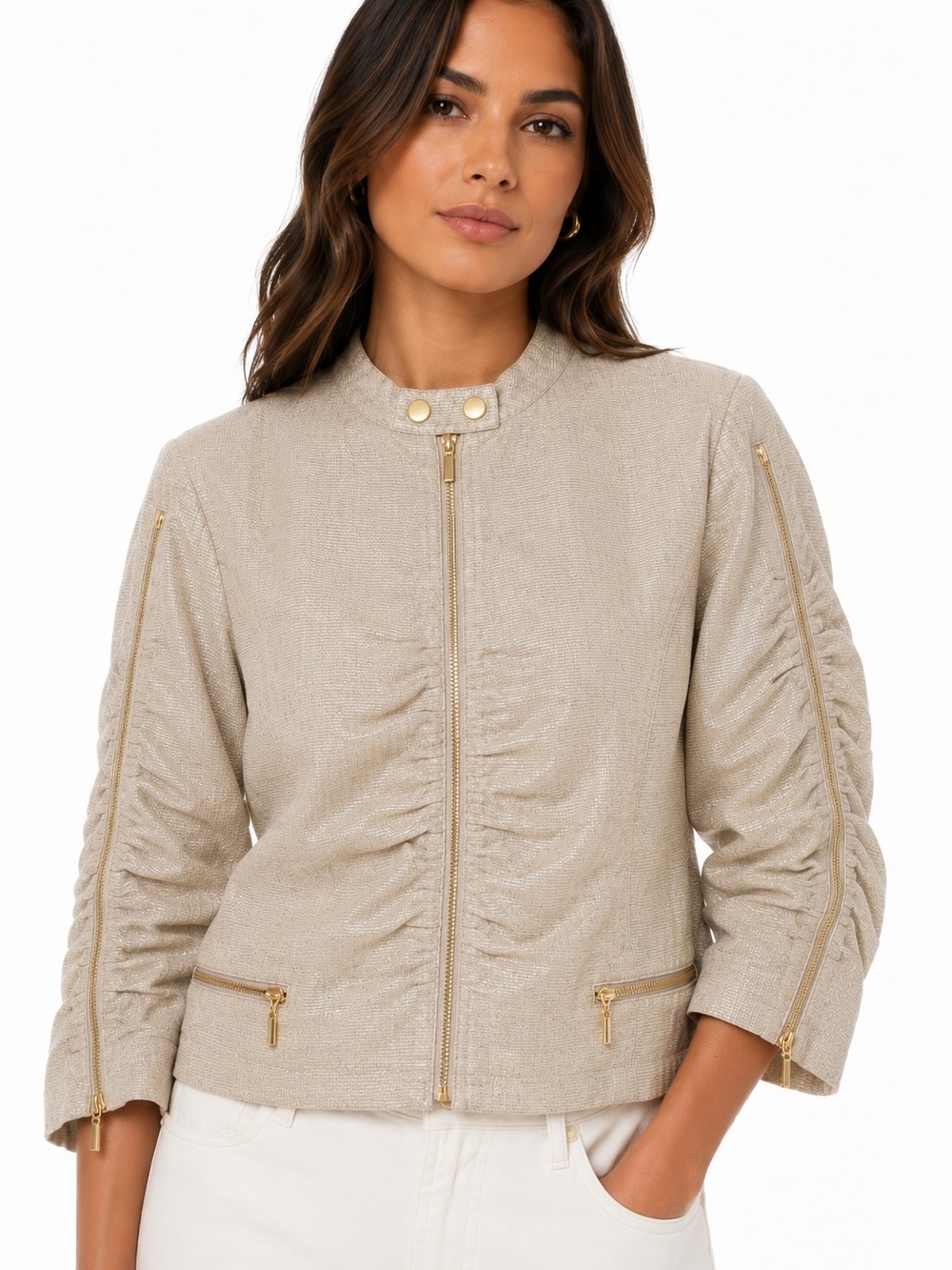 Etcetera Linen Blend Gold Metallic Moto Jacket Ruched Zip Size 6 layer jacket